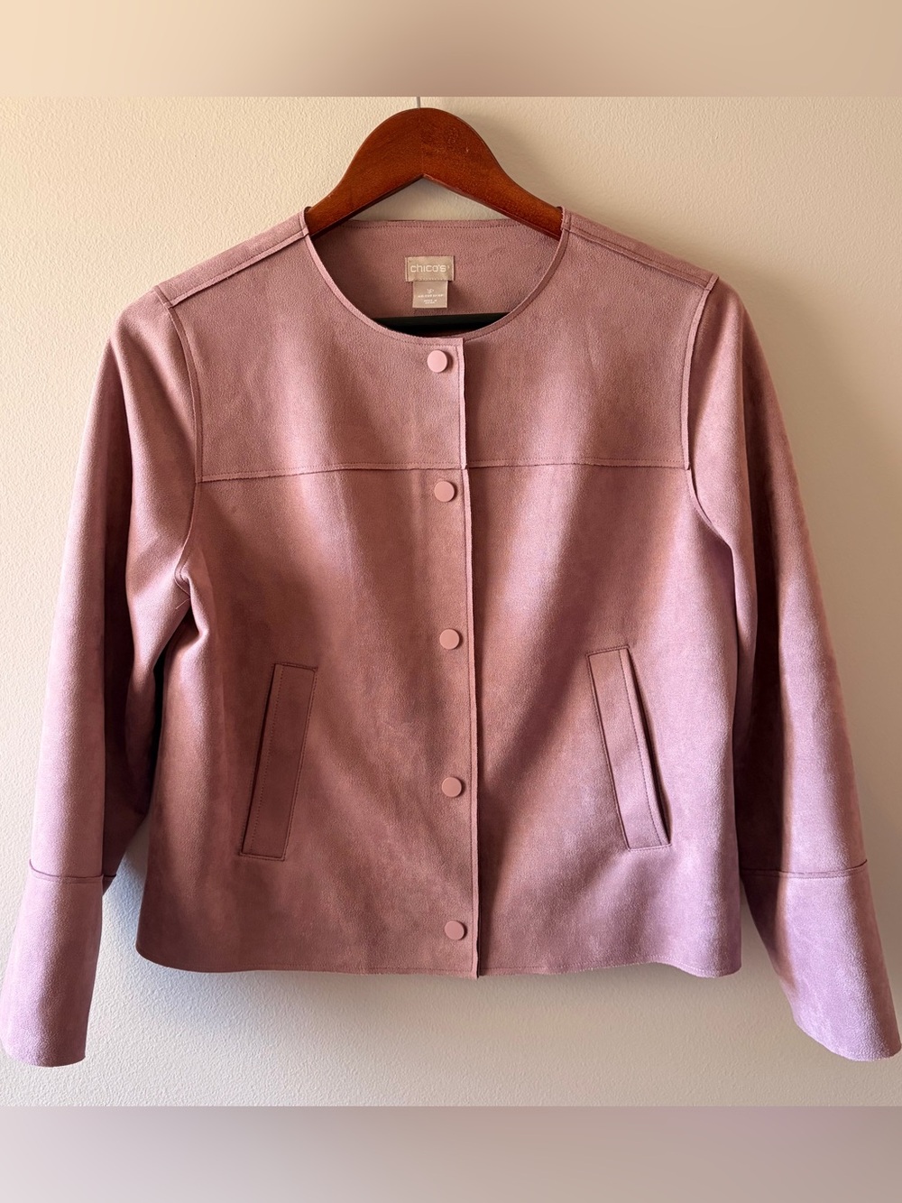Chico's Size 1P Mauve Collarless Faux Suede Scuba Jacket